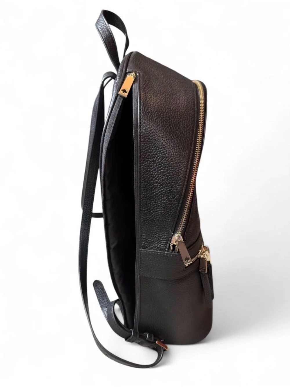 Kate Spade New York Black Pebbled Leather Laptop Backpack Gold Zip Large